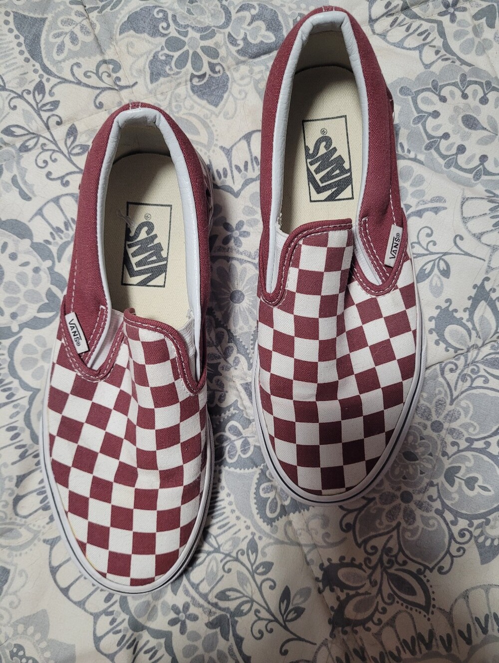 Vans Slip-On Checkerboard Sneakers - Maroon & White Womens 7